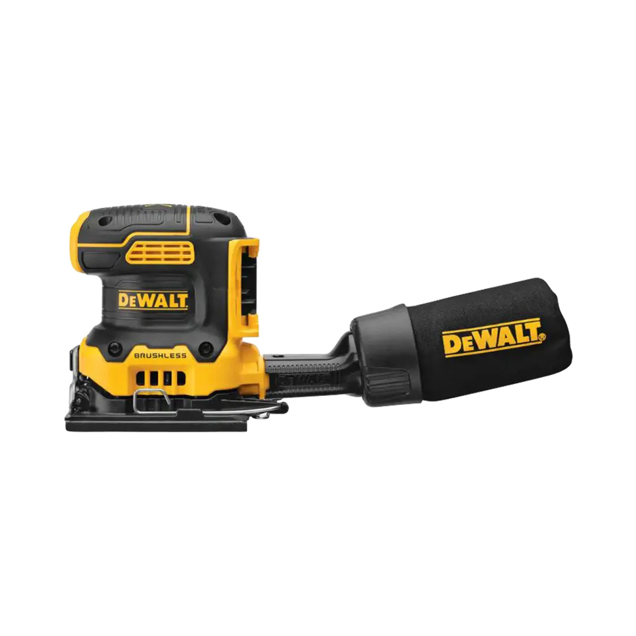 A Go Build 20V MAX XR Cordless Brushless 1/4 in. Sheet Variable Speed Sander (tool-only) in yellow and black with a dust collection bag, shown from the side on a white background.